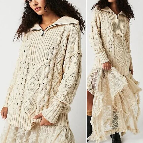 Free People Driftwood Cable Knit Polo in Ivory Size Medium M Fisherman Oversized - Picture 1 of 16